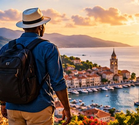 A traveler with a backpack looking over a seaside town at sunset