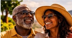 A smiling retired couple in sun hats