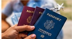 A hand holding several passports