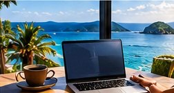 A laptop and coffee on a terrace overlooking a bay